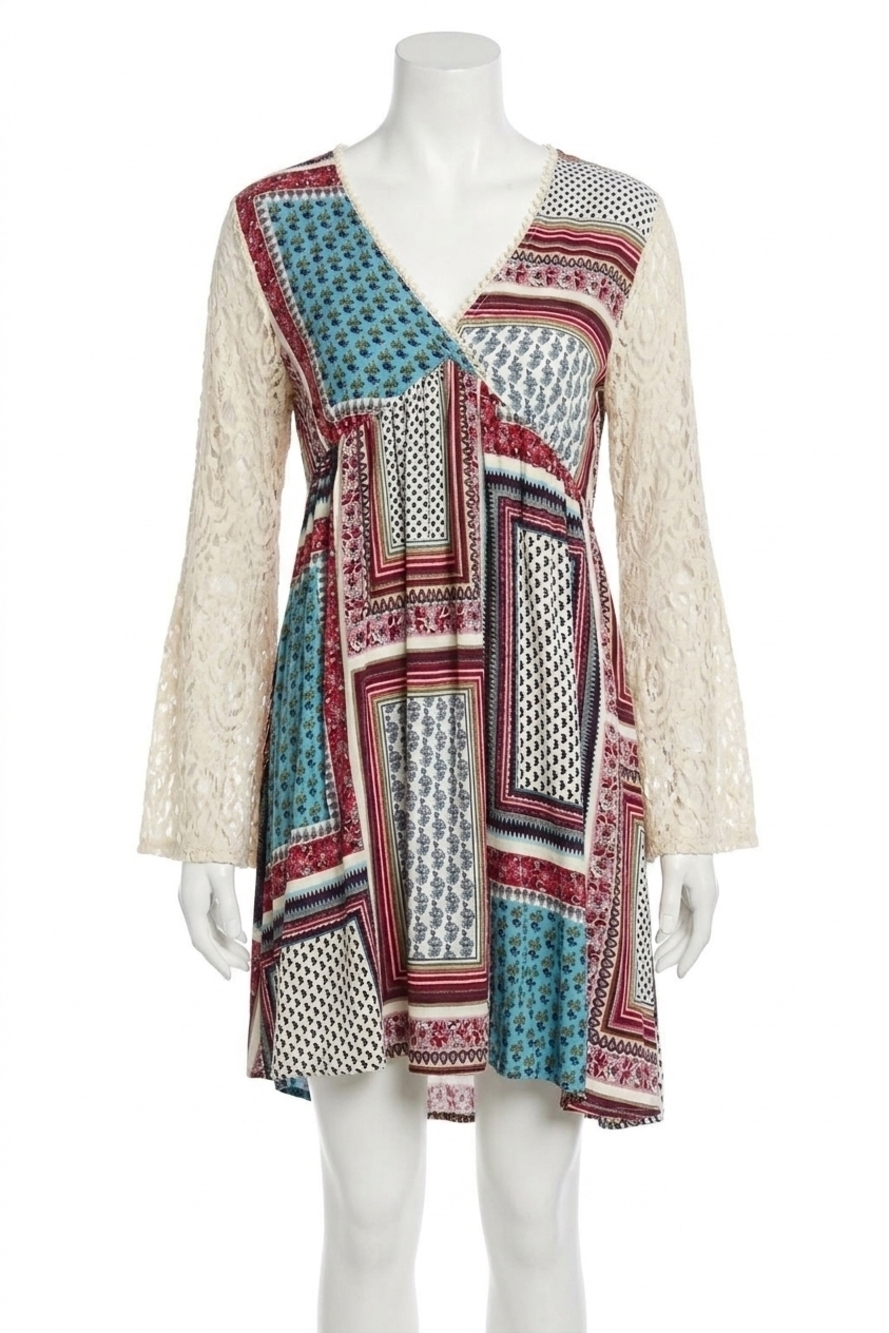 NEW KORI hanky border print lace dress in red mix